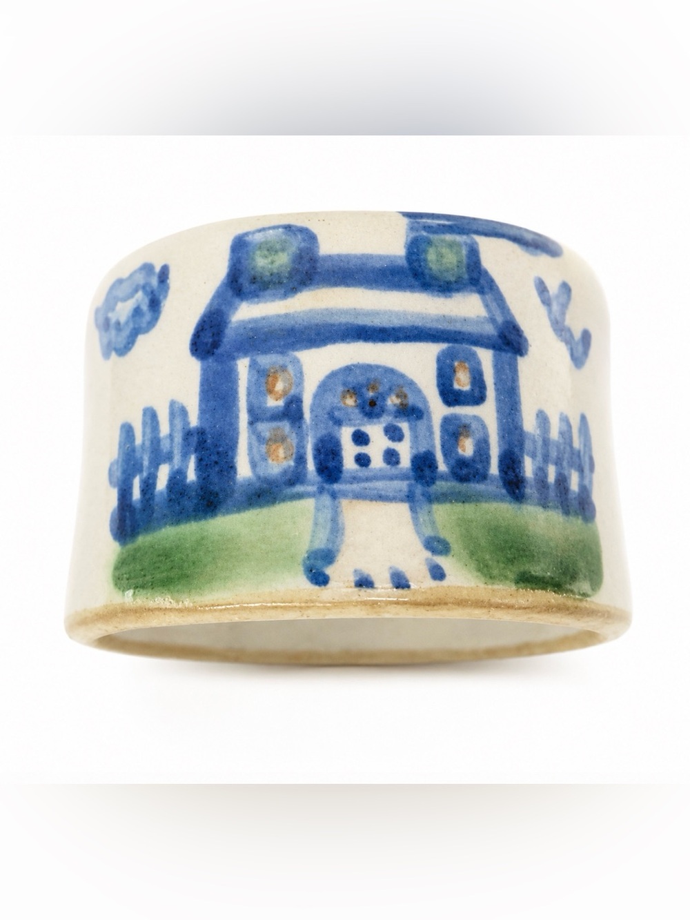 M.A. Hadley Pottery Napkin Ring with Country Farm House Motif Signed Vintage EUC